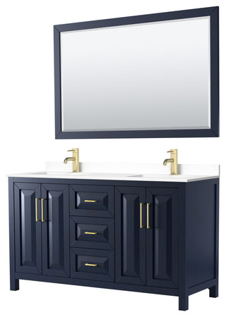 Daria 60, Double Vanity, Dark Blue, White Marble Top, SQ Sinks, 58, Mirror