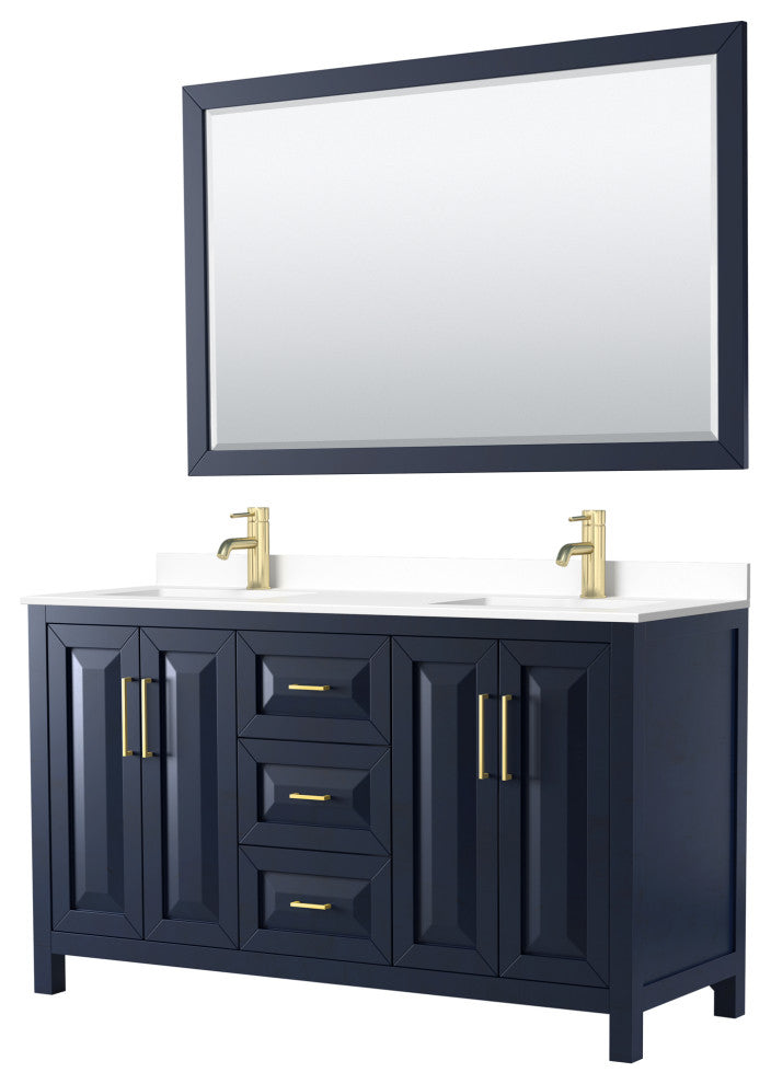 Daria 60, Double Vanity, Dark Blue, White Marble Top, SQ Sinks, 58, Mirror