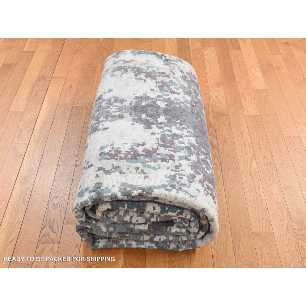Carbon Gray Modern Abstract Design Hand Knotted Wool and Silk Rug 9'10"x13'7"