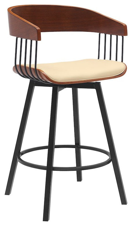 Athena Upholstered Wood Swivel Bar or Counter Stool with Black Metal
