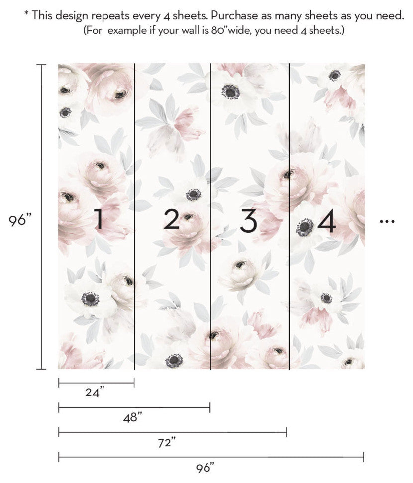 Floral Mural Wall Art Peel and Stick Vinyl Wallpaper, Romantic Pink Grey, 24"w X 96"h
