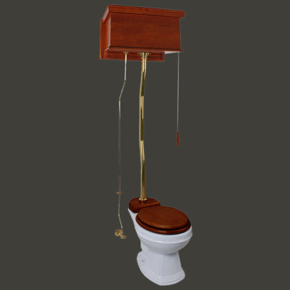 Mahogany High Tank Pull Chain Toilet with White Elongated Bowl Brass Top Entry