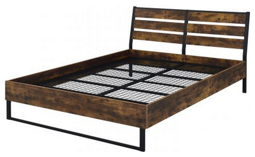Benzara BM266519 Eastern King Bed, Panel Headboard & Metal Slats, Brown/Black