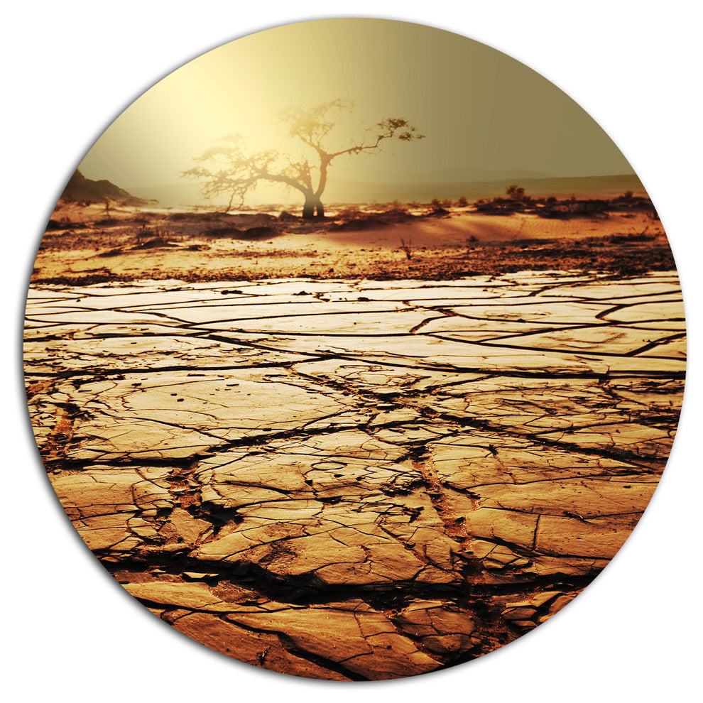 Lonely Tree In Drought Land, African Landscape Disc Metal Wall Art, 11"