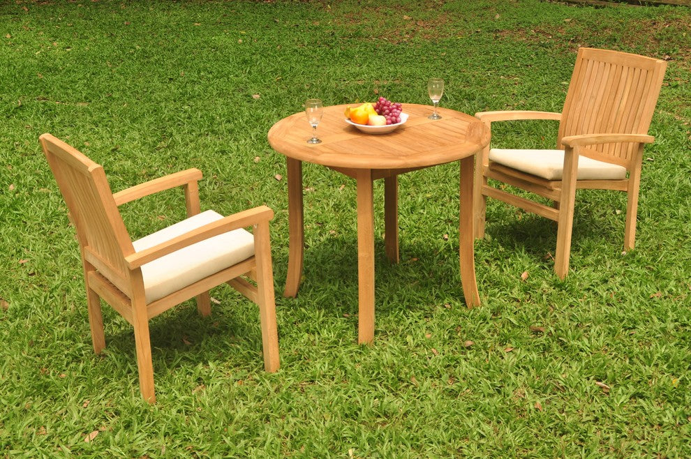 3-Piece Outdoor Teak Dining Set: 36" Round Table, 2 Wave Stacking Arm Chairs