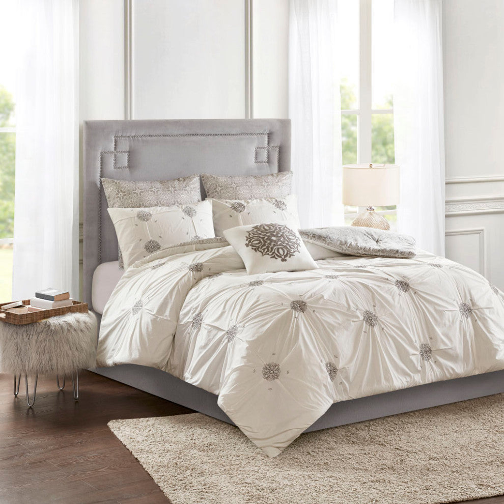 Madison Park Malia 6 Piece Embroidered Cotton Reversible Comforter Set, Ivory