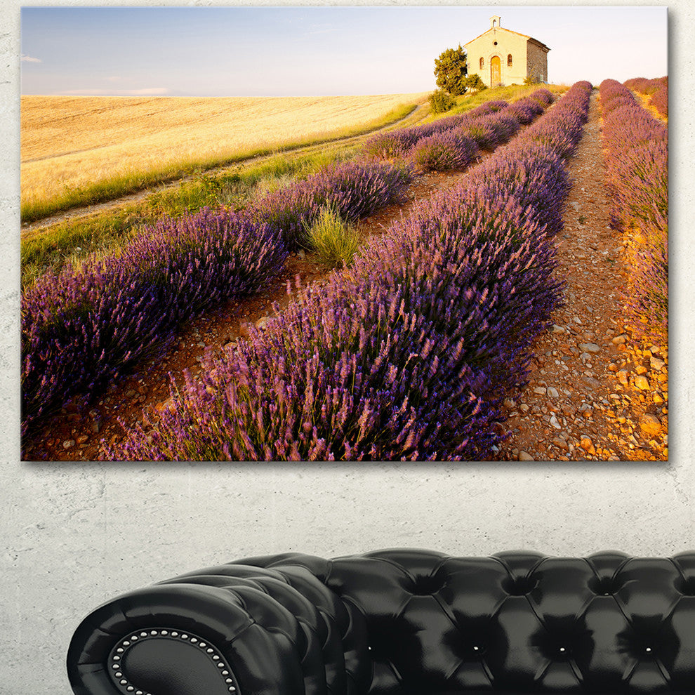Chapel with Lavender and Grain Field, Large Flower Canvas Wall Art, 40"x30"