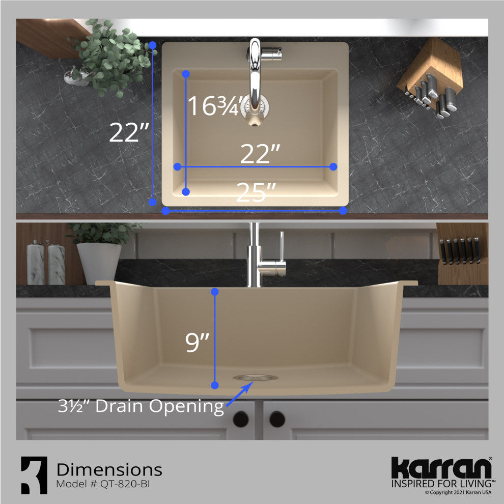Karran QT-820 Top Mount 25" Single Bowl Quartz Kitchen Sink Kit, Bisque