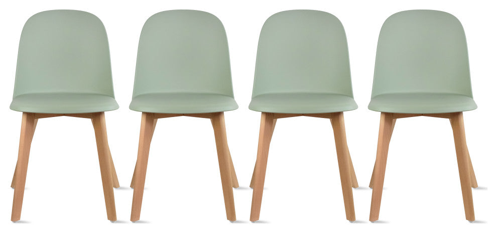 Set of 4 Modern Dining Side Chairs Molded Plastic With Round Back Wooden Legs, Green