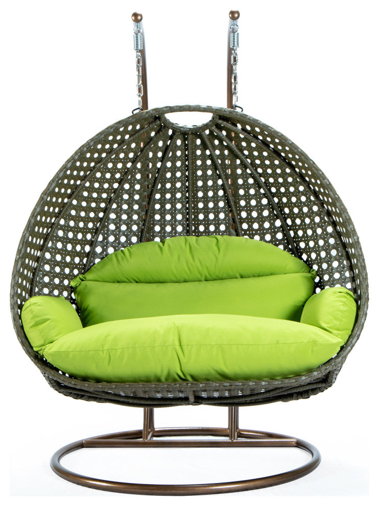 2 Person Beige Wicker Double Hanging Egg Swing Chair, Light Green
