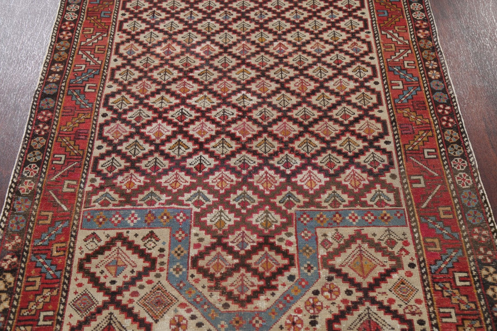 Consigned, Oriental Low Pile Carpet Hand-Knotted Antique Area Rug, Beige, 4x4