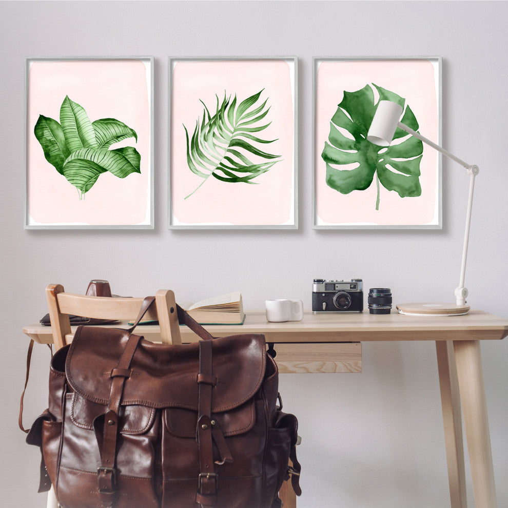 Boho Palm Leaves over Pink Modern Tropical Plants,3pc, each 24 x 30