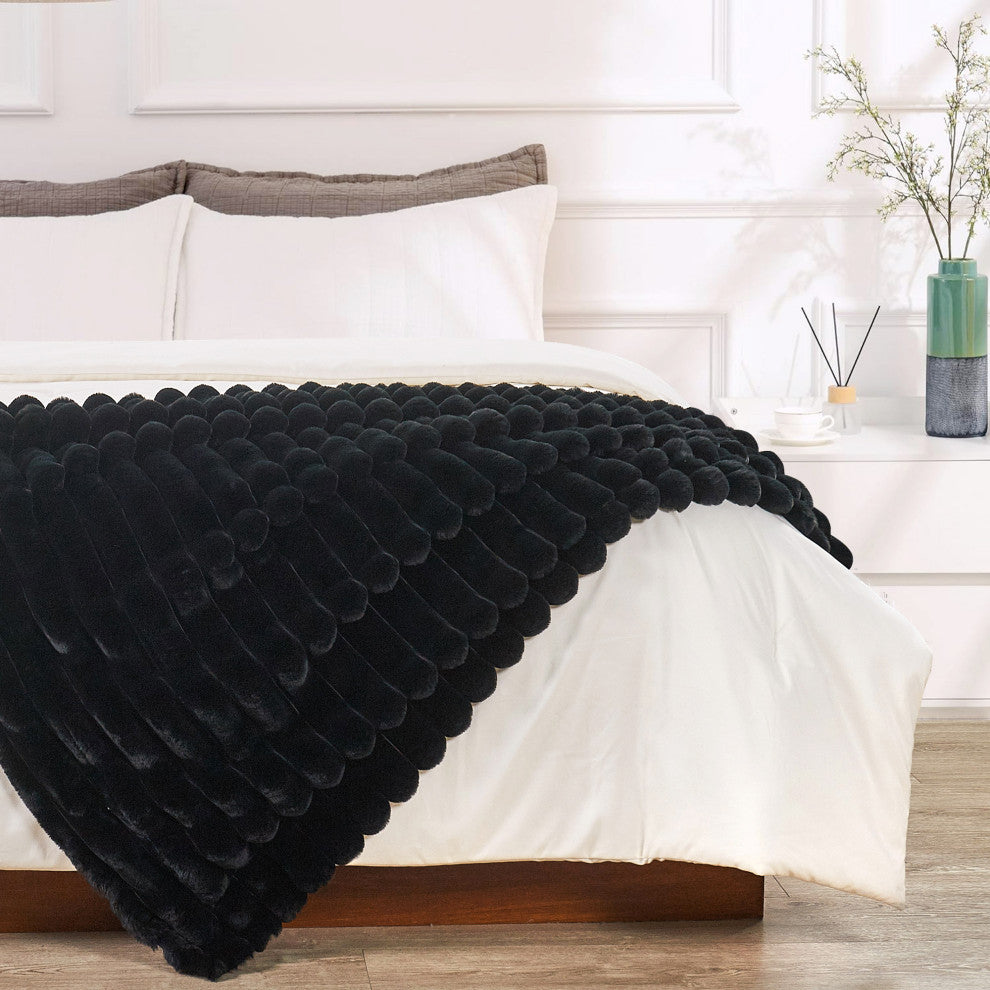 Fuzzy Striped Faux Fur Throw Blanket, Black
