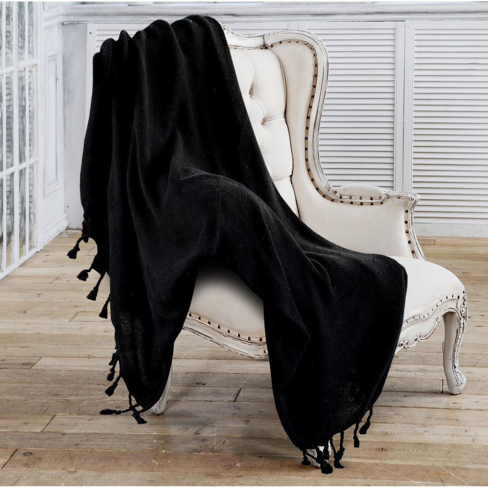Checkered Weave Throw Blanket with Fringe, Jet Black