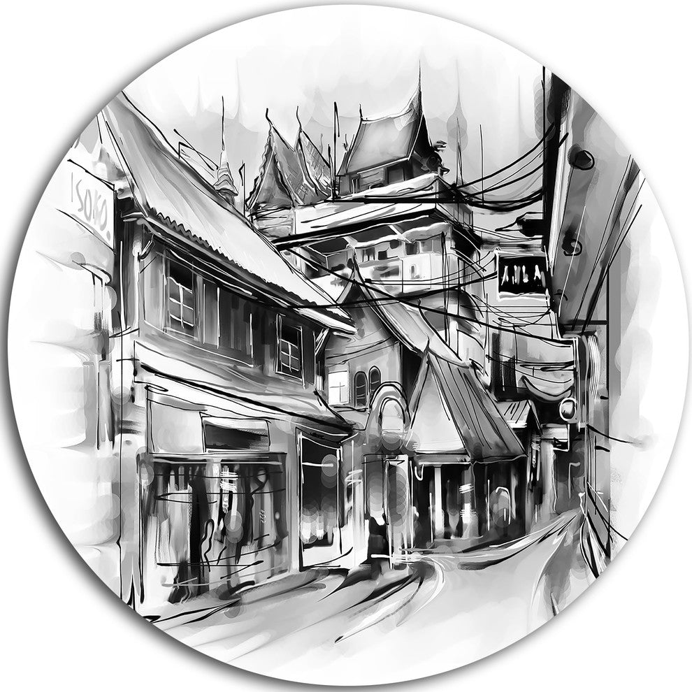 City Street Illustration, Cityscape Round Wall Art, 36"