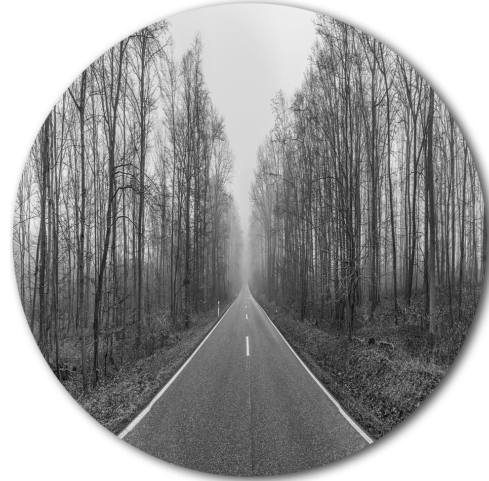 Black And White Freeway In Forest, Landscape Round Wall Art, 23"