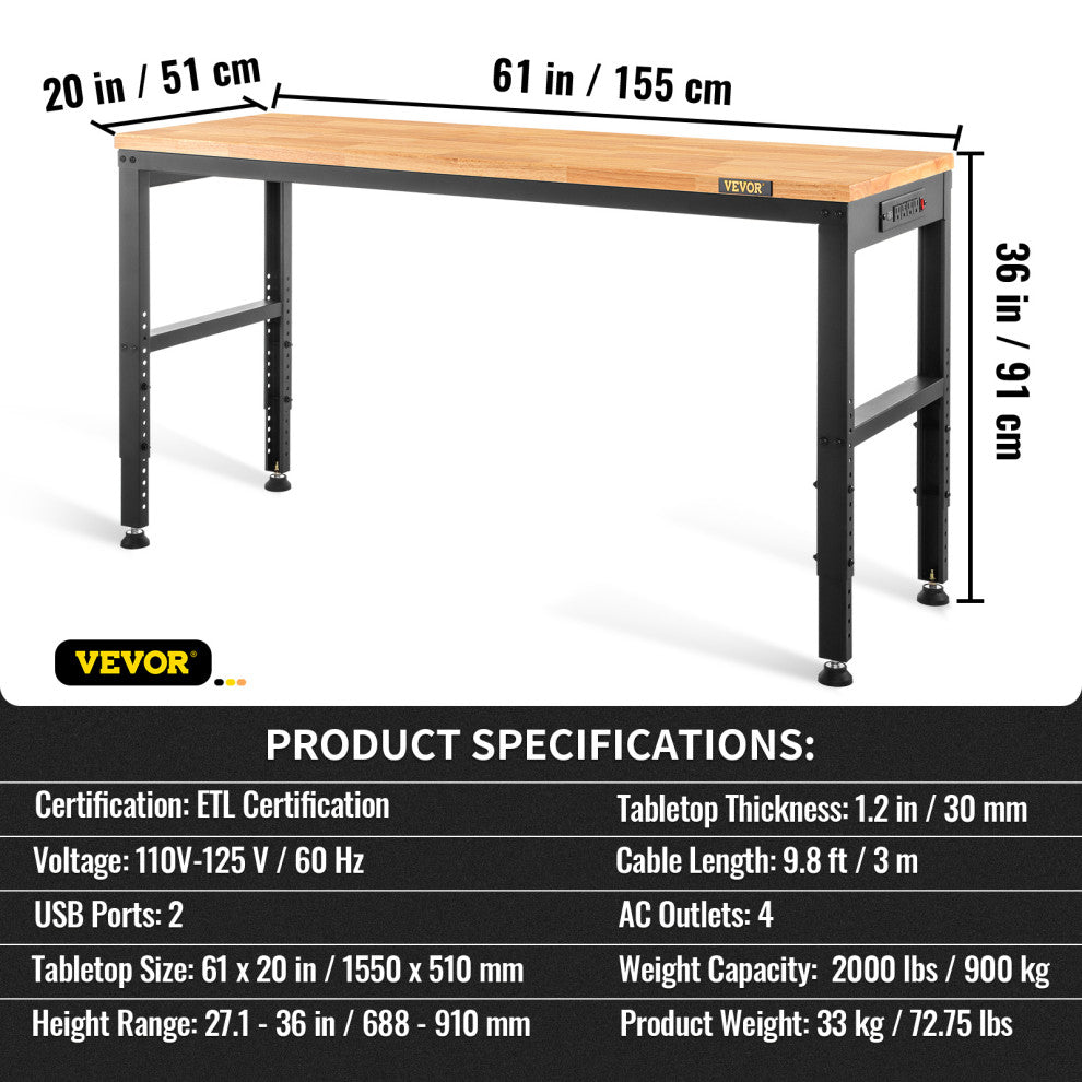 VEVOR Adjustable Height Workbench 61"L x 20"W Table With Power Outlets