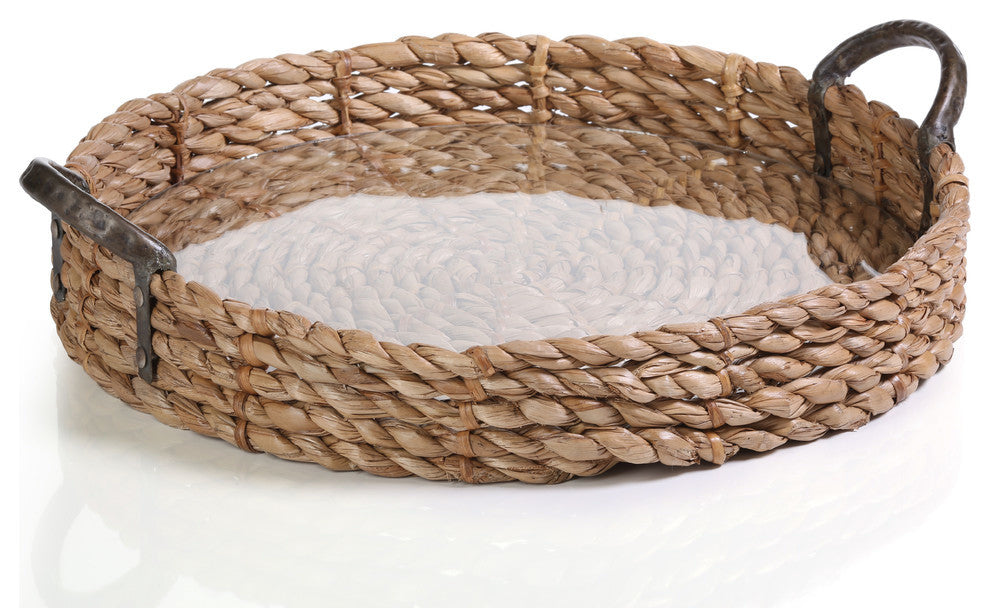 20" Diameter Seagrass Serving Tray with Glass Insert