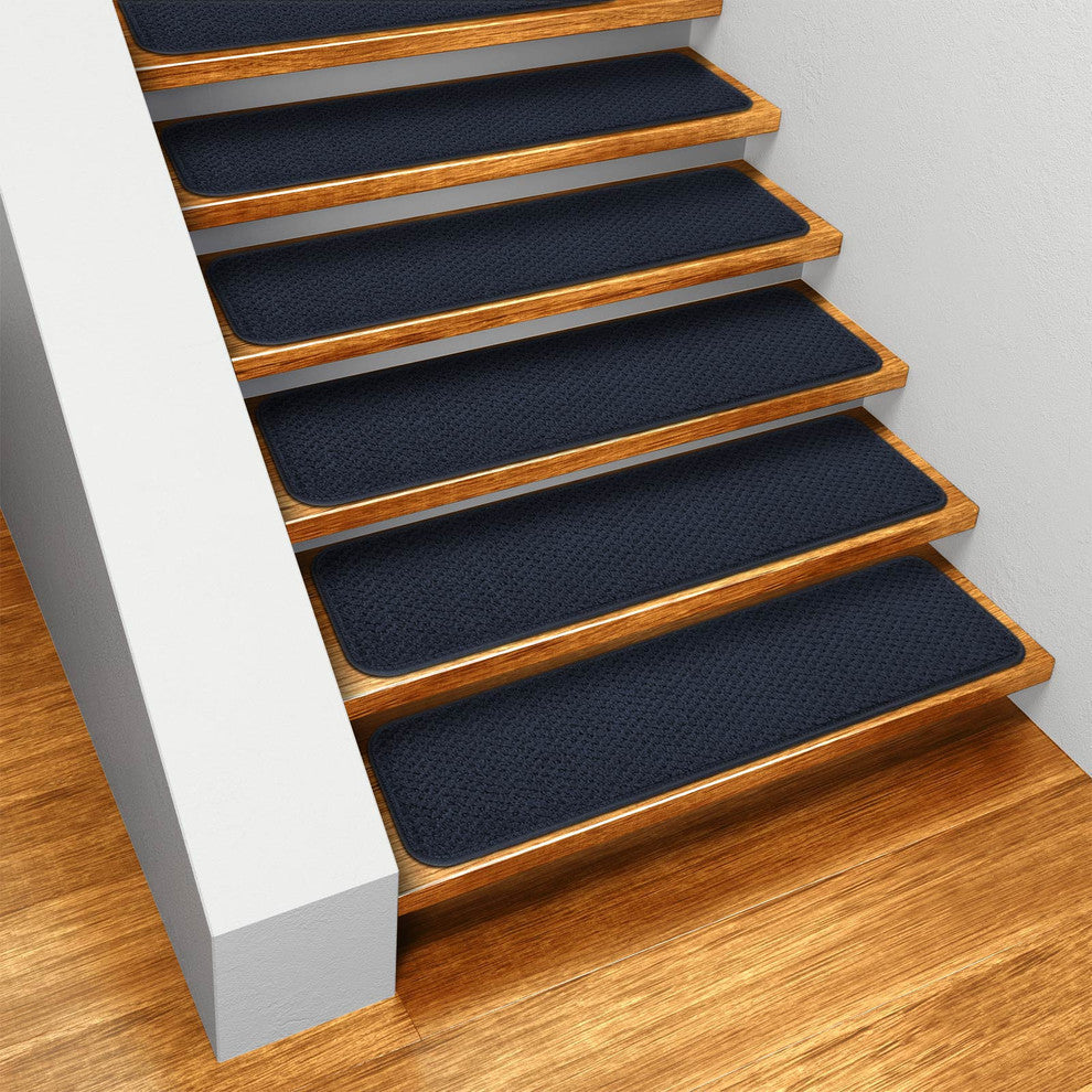 Skid-Resistant Carpet Stair Treads, Navy Blue, Set of 15, 8"x30"