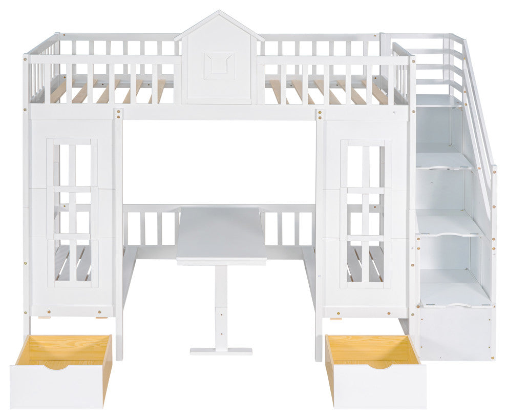 Gewnee Wood Twin-Over-Twin Bunk Bed with Table and Drawers in White