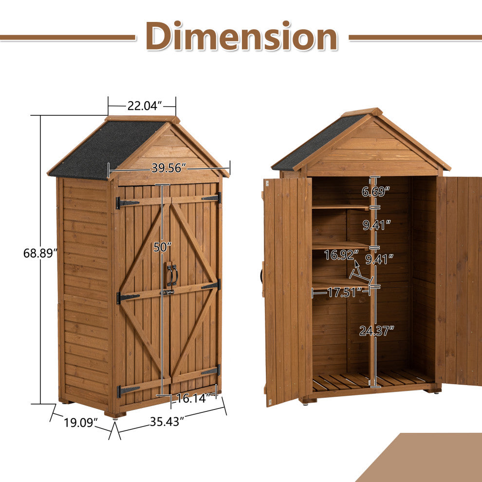 Outdoor Storage Shed with 3 Removable Shelves and Waterproof Roof, Brown