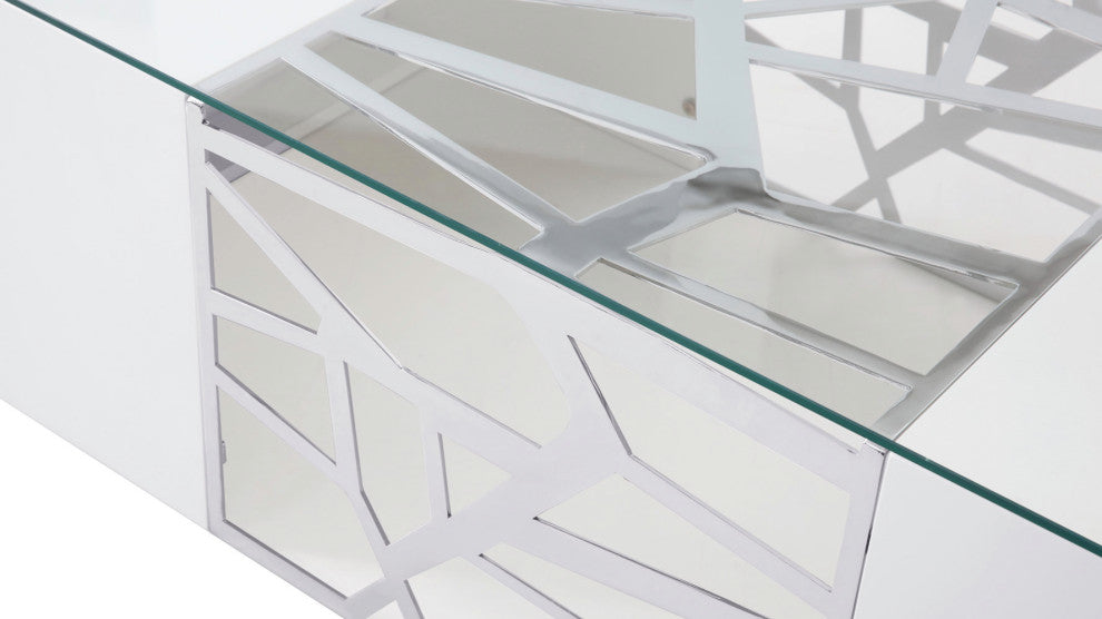 Liera Coffee Table Clear Tempered Glass Top White Lacquer Base Stainless Steel