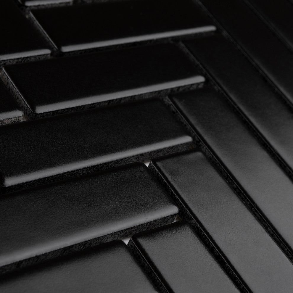 Metro Brick Herringbone Matte Black Porcelain Floor and Wall Tile