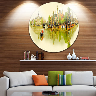 Amsterdam Panoramic View, Cityscape Watercolor Disc Metal Artwork, 36"