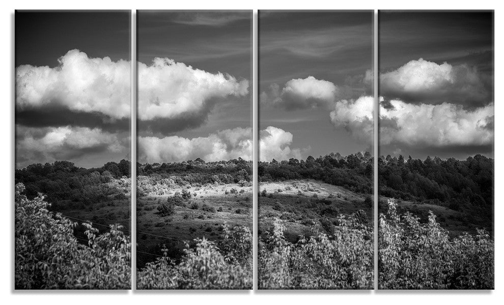 "Green Hills Under Cloudy Sky" Extra Large Wall Art Landscape, 4 Panels, 48"x28"