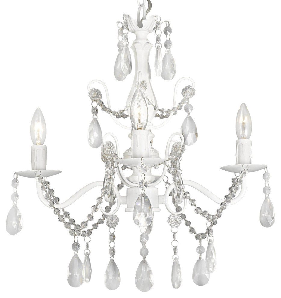 Wrought Iron and Crystal 4-Light White Chandelier 14"x15" Pendant