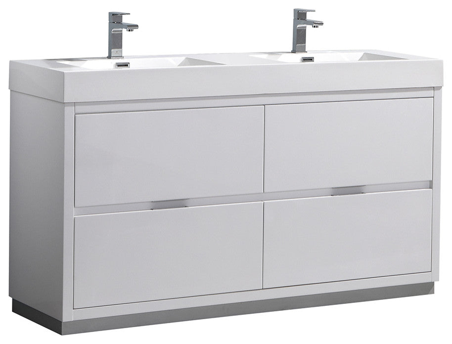 Valencia 60" Glossy White Free Standing Double Sink Bathroom Vanity