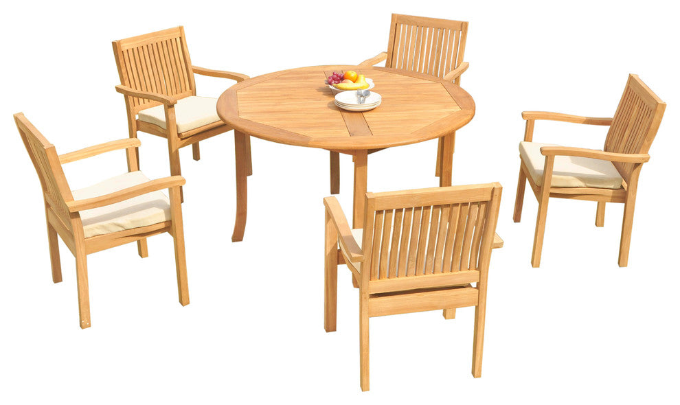 6-Piece Outdoor Teak Dining Set: 52" Round Table, 5 Leveb Stacking Arm Chairs
