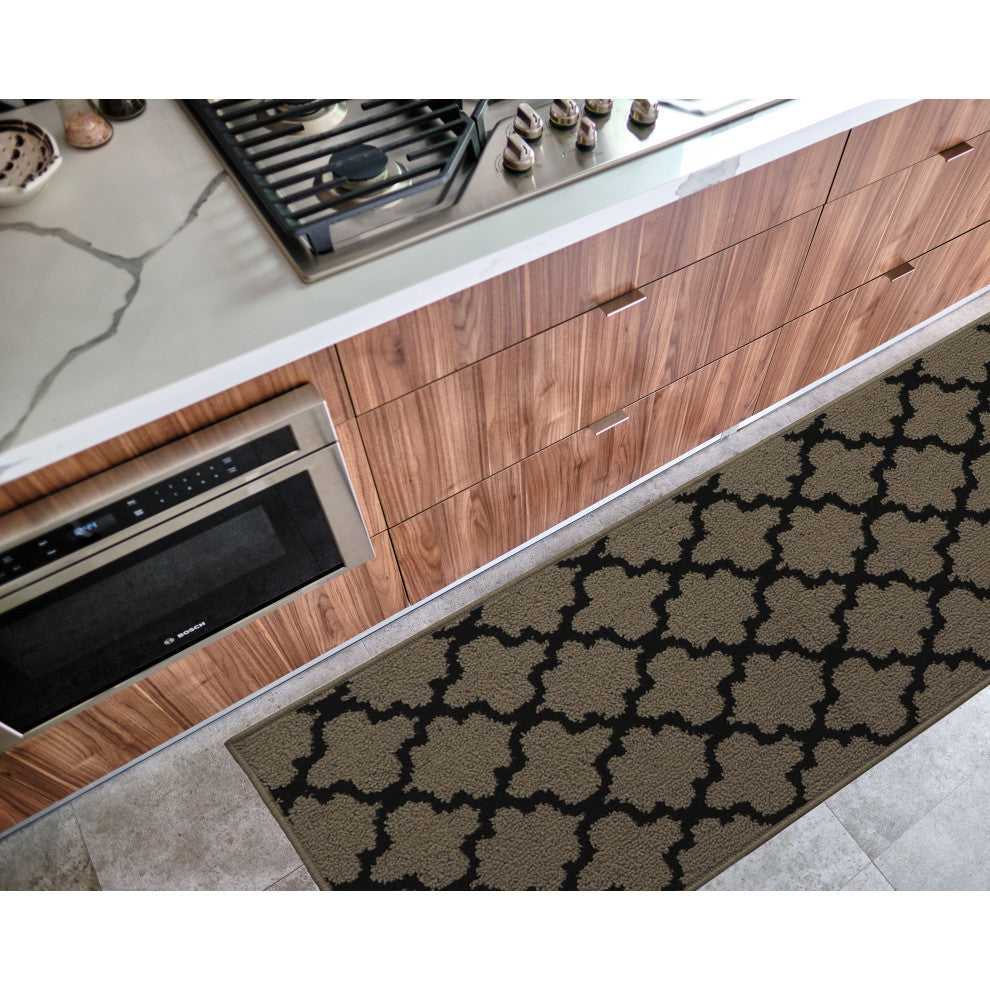 Wool Effect Arabesque, Tan/Black, Kitchen Runner Rug