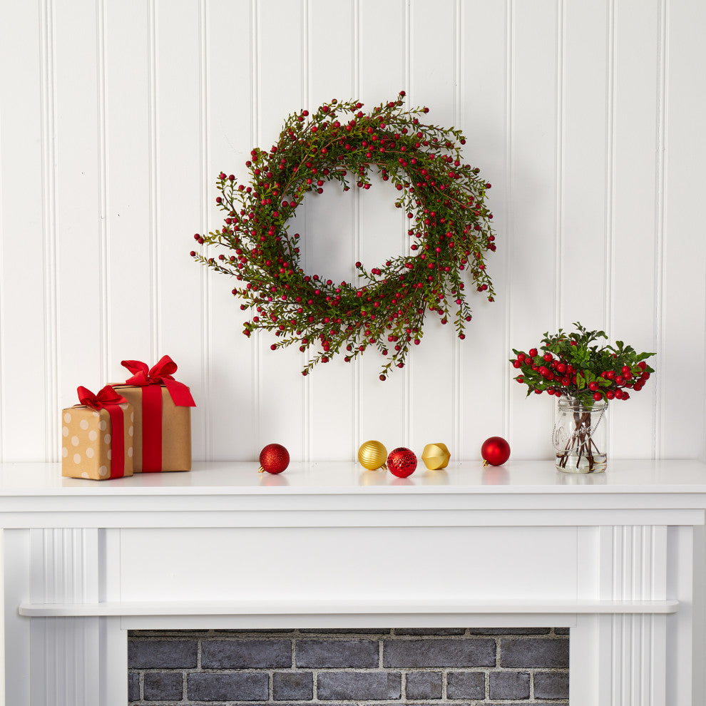 Nearly Natural 20ï¿½ Boxwood and Berries Artificial Wreath
