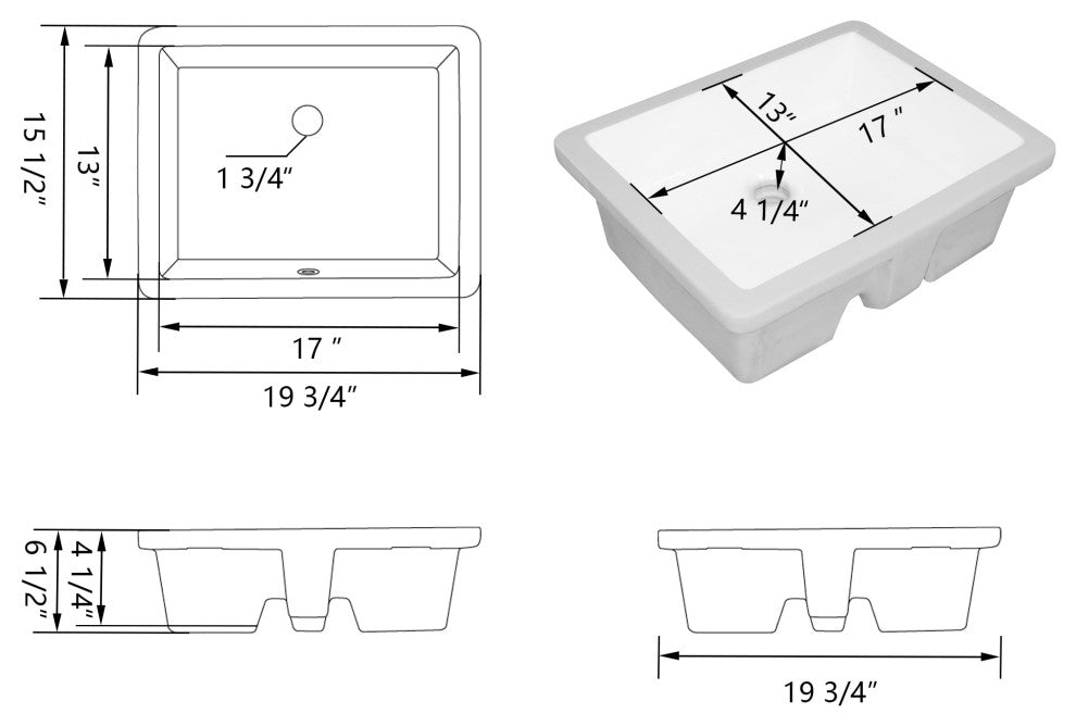 White Ceramic Rectangular Lavatory Undermount Bathroom Sink with Overflow