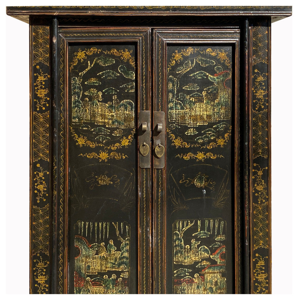 Chinese Vintage Distressed Color Scenery Graphic Dresser Cabinet Hcs7140