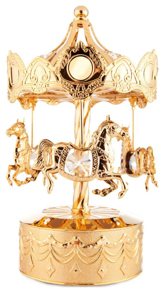 24K Gold Plated Music Box With Crystal Studded Carousel Horse Figurine