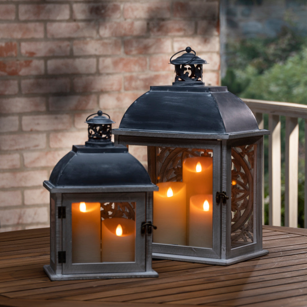 Set of 2 Metal and Wood Nesting Lanterns With Floral Cut-out
