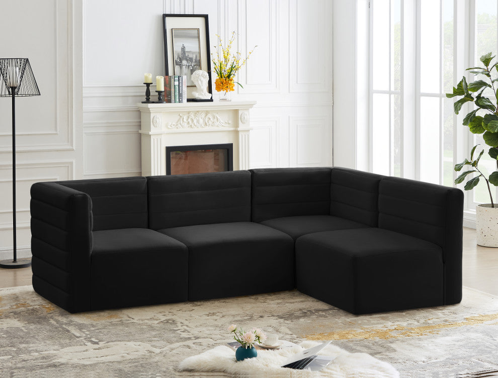 Quincy Velvet Upholstered 4-Piece L-Shaped Modular Sectional, Black