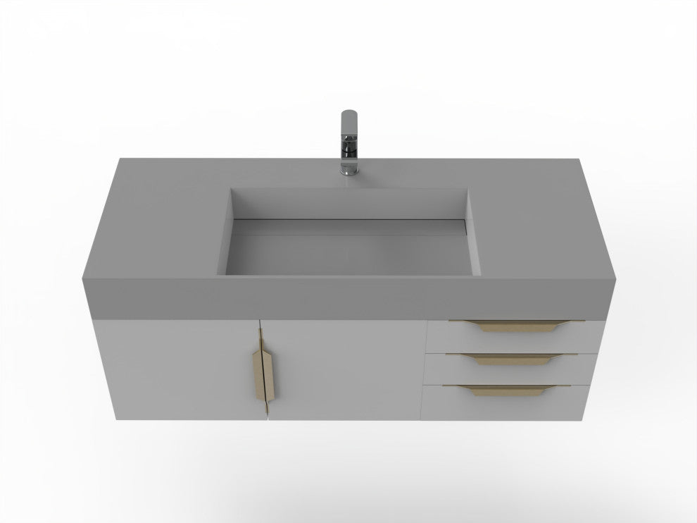 CastelloUSA Amazon 48" Wall Mounted Vanity Set, Gray, Gray Top, Gold Handles
