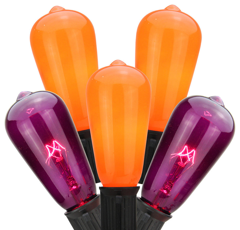 Set of 10 Purple and Orange Edison Style Halloween Lights, Black Wire