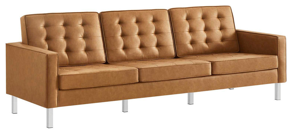 Loft Tufted Vegan Leather Sofa and Ottoman Set, Silver Tan