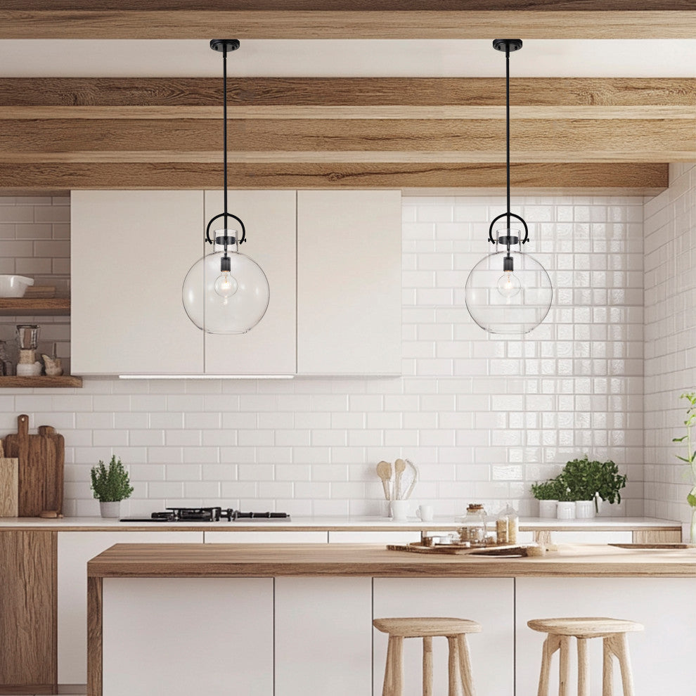 1-Light 14 in. Matte Black Pendant Light With Globe-shaped Clear Glass Shade