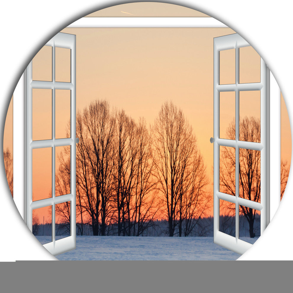 Open Window To Snowy Sunset, Landscape Large Disc Metal Wall Art, 23"