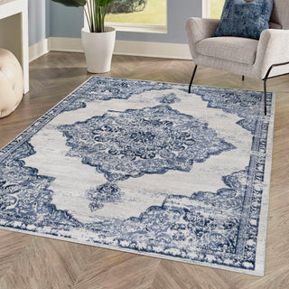 Alhambra Ornate Medallion Modern Runner Rug, Light Blue/Ivory, 5x8