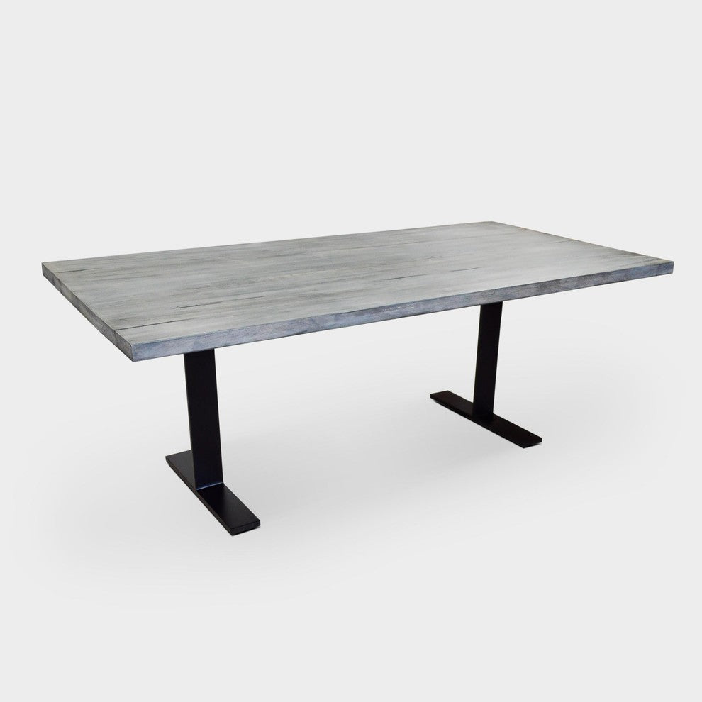 White Oak Plank Dining Table and Black Metal Legs, Light Gray