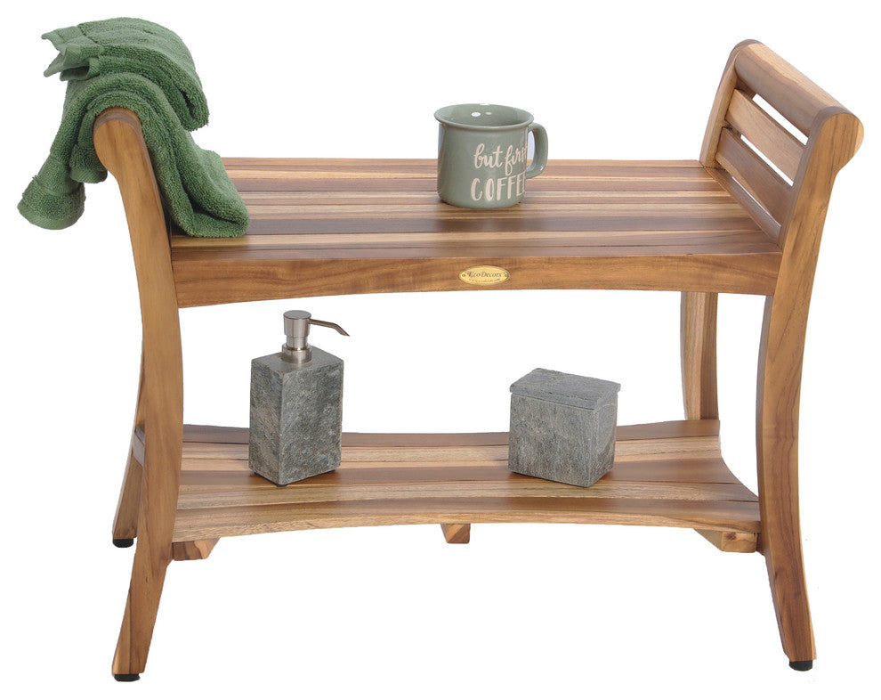 EcoDecors EarthyTeak Symmetry 29" Teak Shower Bench With Shelf And LiftAide Arms