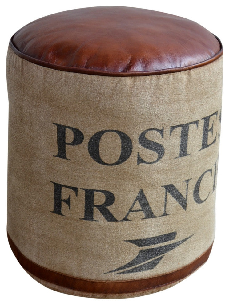 Round Canvas Pouf Post Topped With Brown Leather Seat