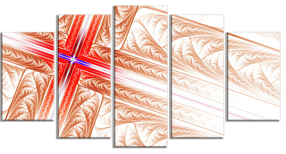 Red Fractal Cross Design, Contemporary Art on Canvas, 60"x32", 5 Panels