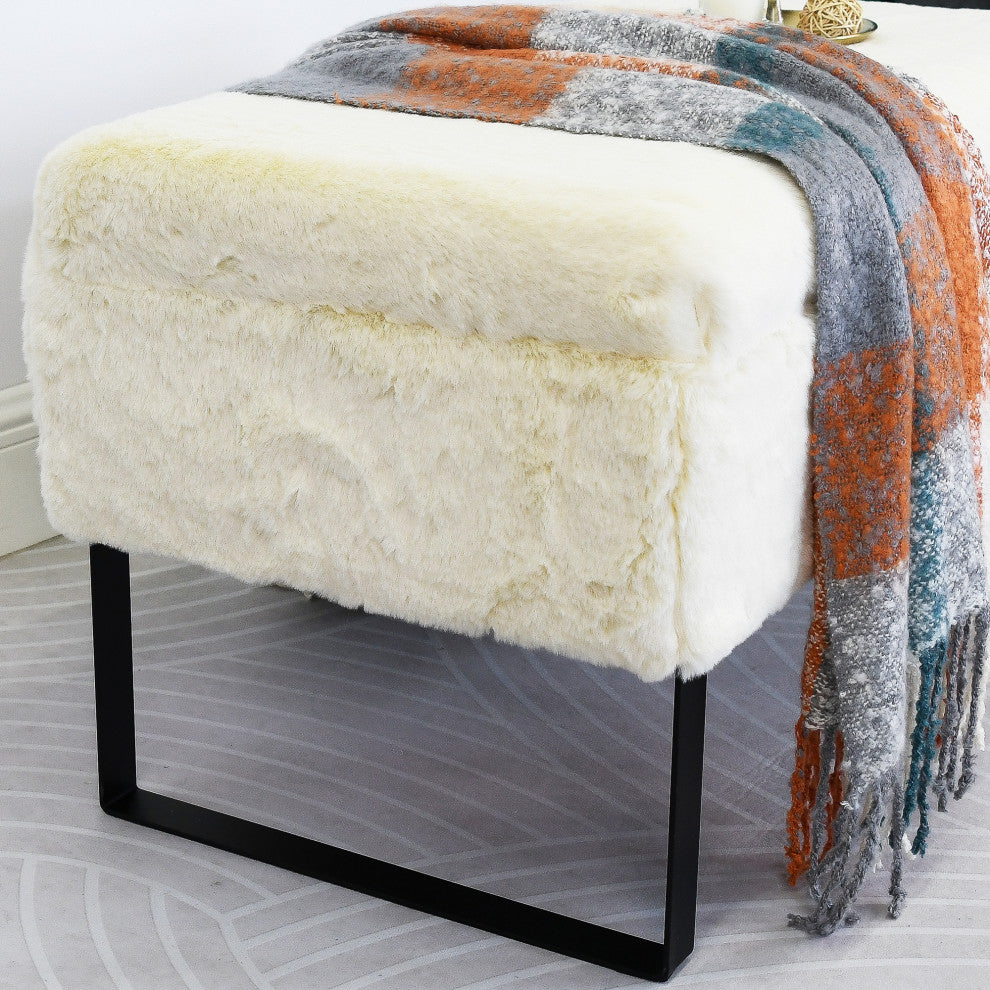 Heavy Faux Fur Storage Antique White Ottoman 18" x 36" x 10"